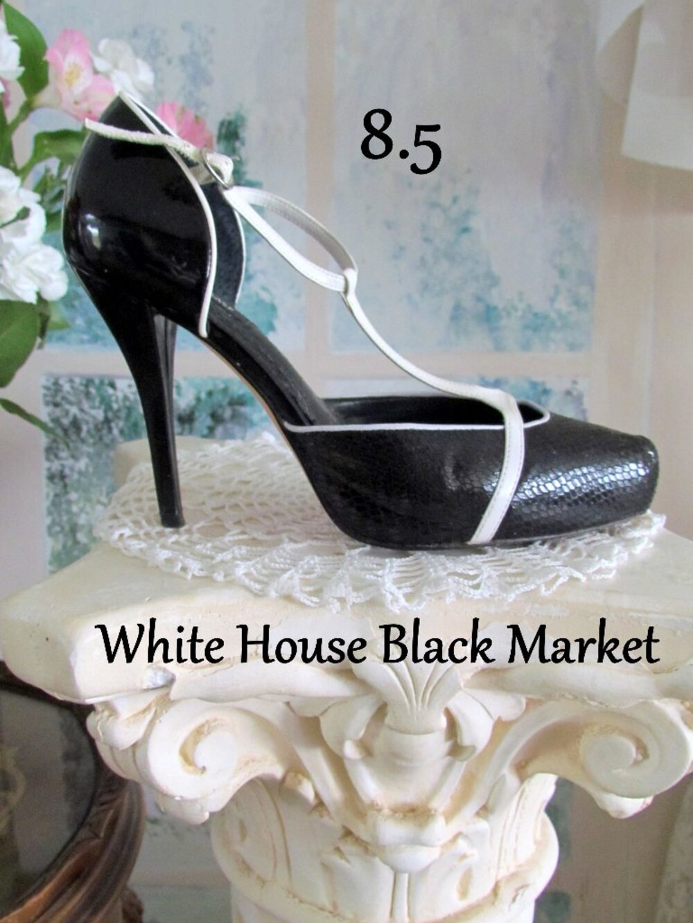 BLACK & WHITE HEELS, 8.5, 8 1/2 WHITE HOUSE BLACK MARKET SHOES, LEATHER